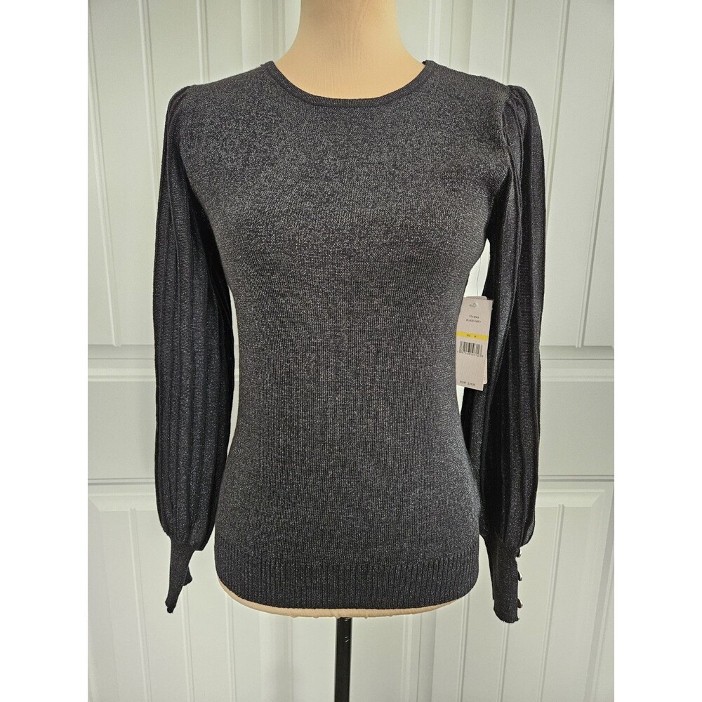 Nanette Lepore Black Lurex Ribbed Balloon Sleeve Sweater Silver Buttons sz M